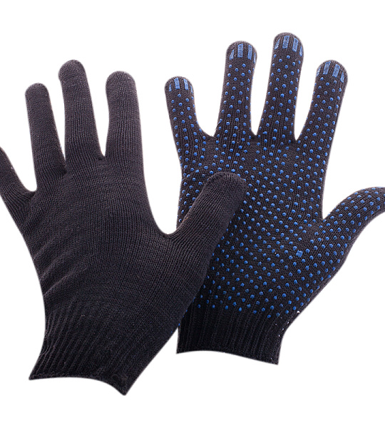 Перчатки х/б 10 класс OfficeClean, стандарт, с точ. ПВХ, 4 нитки, черный, 43-45г, 116текс