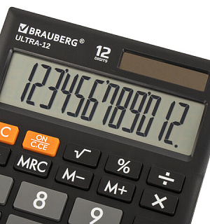 Калькулятор настольный BRAUBERG ULTRA-12-BK (192x143 мм), 12 разрядов, двойное питание, ЧЕРНЫЙ, 250491