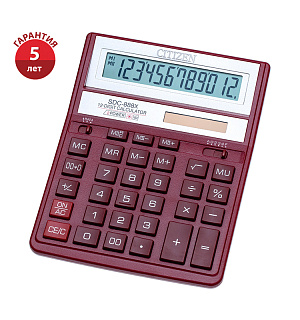 Калькулятор настольный Citizen SDC-888XRD, 12 разрядов, двойное питание, 158*203*31мм, красный
