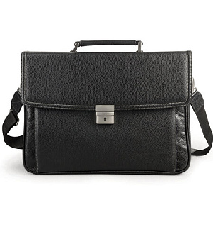 Портфель из натуральной кожи, 38х27х12 см, 2 отделения, замок с ключом, черный, 2-237