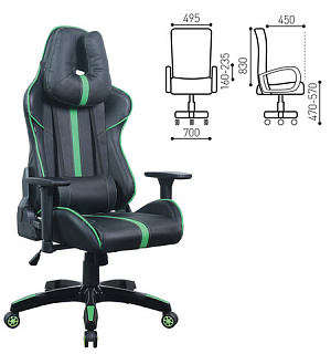 Кресло компьютерное BRABIX "GT Carbon GM-120", две подушки, экокожа, черное/зеленое, 531929