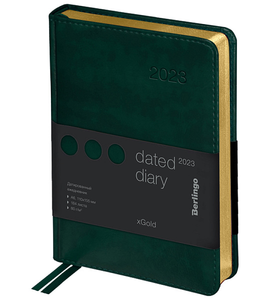 Ежедневник датированный 2023г., А6, 184л., кожзам, Berlingo "xGold", зол. срез, зеленый