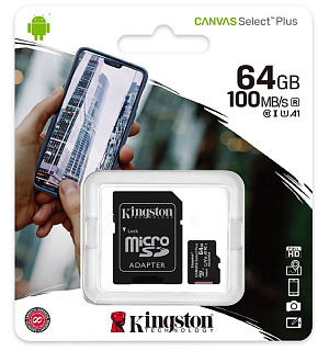Карта памяти Kingston MicroSDHC 64GB UHS-I U1 Canvas Select Plus, Class 10 скорость чтения 100Мб/сек