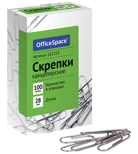 Скрепки 28мм, OfficeSpace, 100шт., карт. упаковка