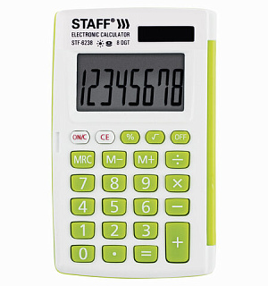 Калькулятор карманный STAFF STF-6238 (104х63 мм), 8 разядов, двойное питание, БЕЛЫЙ С ЗЕЛЁНЫМИ КНОПКАМИ, блистер, 250283