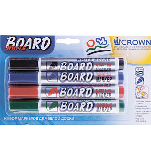 Набор маркеров для белых досок Crown "Multi Board" 04цв., пулевидный, 3мм, блистер