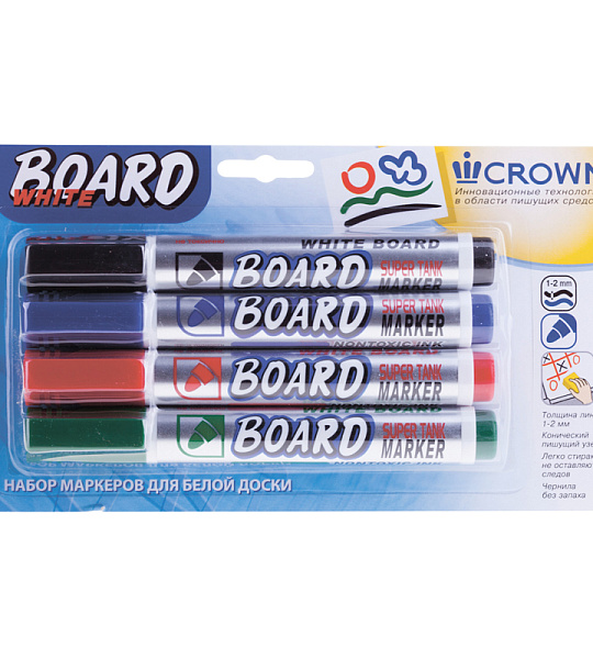 Набор маркеров для белых досок Crown "Multi Board" 04цв., пулевидный, 3мм, блистер