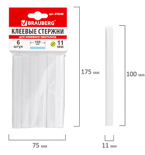 Клеевые стержни, диаметр 11 мм, длина 100 мм, белые, комплект 6 штук, BRAUBERG, европодвес, 670298