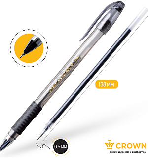 Ручка гелевая Crown "Hi-Jell Needle Grip" черная, 0,7мм, грип, игольчатый стержень, штрих-код