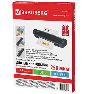 Пленки-заготовки для ламинирования БОЛЬШОГО ФОРМАТА, А3, КОМПЛЕКТ 100 шт., 250 мкм, BRAUBERG, 531779