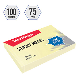 Самоклеящийся блок Berlingo "Ultra Sticky", 100*75мм, 100л, пастель, желтый