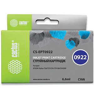 Картридж струйный CACTUS (CS-EPT0922) для EPSON Stylus C91/CX4300/T26/T27/TX106, голубой