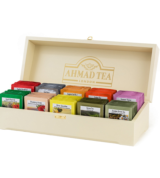 Подарочный набор чая Ahmad Tea "Коллекция", 10 видов, 100 фольг. пакетиков, деревянная шкатулка