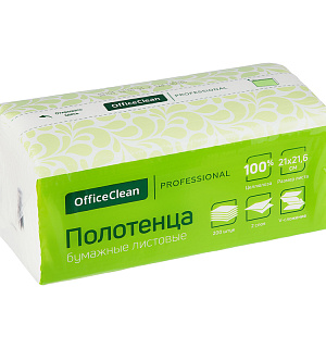 Полотенца бумажные лист. OfficeClean Professional(V-сл), 2-слойные, 200л/пач, 21*21,6см, белые, soft pack, целлюлоза