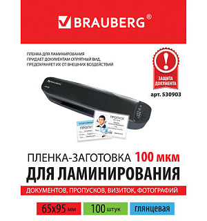 Пленки-заготовки для ламинирования МАЛОГО ФОРМАТА (65х95 мм), КОМПЛЕКТ 100 шт., 100 мкм, BRAUBERG, 530903
