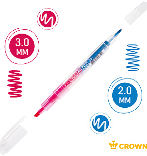 Текстовыделитель двухсторонний Crown "Multi Hi-Lighter Twin" розовый/голубой, 3/2мм