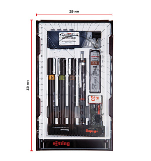 Набор изографов Rotring 0,2/0,3/0,5мм, мех. карандаш 0,5мм, грифели, ластик, насадка для циркуля