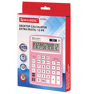 Калькулятор настольный BRAUBERG EXTRA PASTEL-12-PK (206x155 мм), 12 разрядов, двойное питание, РОЗОВЫЙ, 250487
