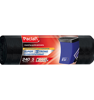 Мешки для мусора 240л Paclan "Super strong" ПВД, 90*130см, 30мкм, 5шт., черные, в рулоне