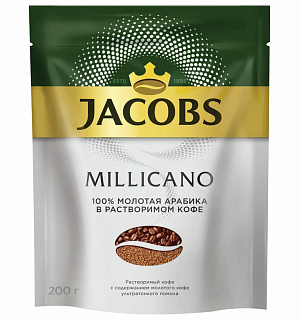 Кофе молотый в растворимом JACOBS "Millicano", сублимированный, 200 г, мягкая упаковка, 8052484