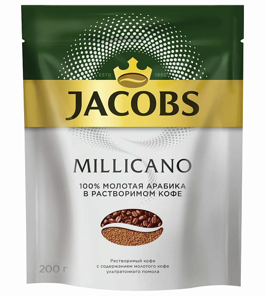 Кофе молотый в растворимом JACOBS "Millicano", сублимированный, 200 г, мягкая упаковка, 8052484