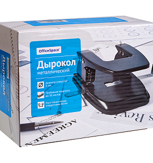 Дырокол OfficeSpace 30л., металлический, черный, с линейкой