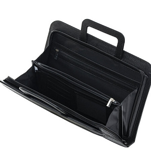 Папка из натуральной кожи на молнии, с выдвижными ручками, 385х280х50, черная, 8-021