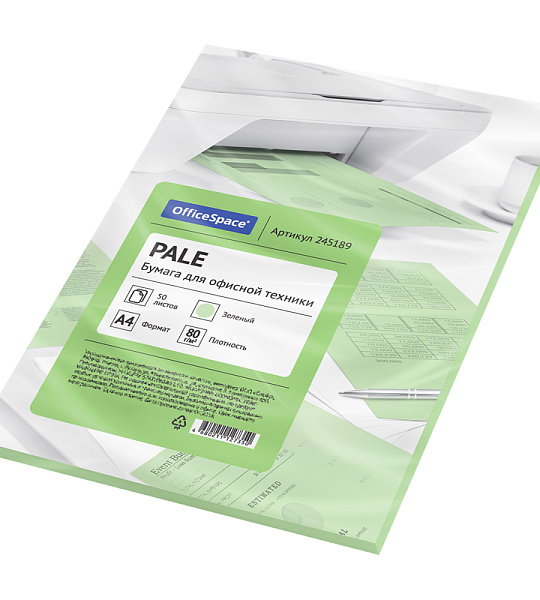 Бумага цветная OfficeSpace pale А4, 80г/м2, 50л. (зеленый)