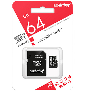 Карта памяти SmartBuy MicroSDXC 64GB UHS-1, Class 10, скорость чтения 10Мб/сек (с адаптером SD)