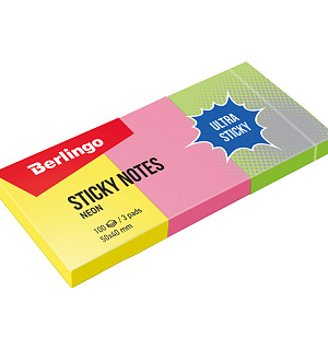 Самоклеящийся блок Berlingo "Ultra Sticky", 50*40мм, 3 блока по 100л, 3 неоновых цвета