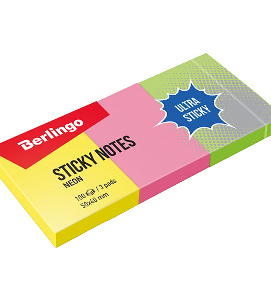 Самоклеящийся блок Berlingo "Ultra Sticky", 50*40мм, 3 блока по 100л, 3 неоновых цвета