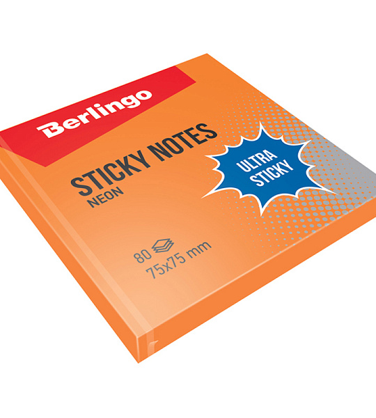 Самоклеящийся блок Berlingo "Ultra Sticky", 75*75мм, 80л, оранжевый неон