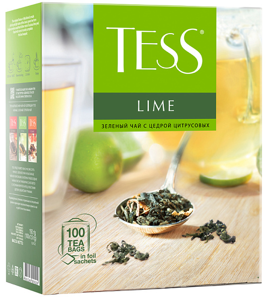 Чай Tess "Lime", зеленый с цедрой цитрусовых, 100 фольг. пакетиков по 1,5г