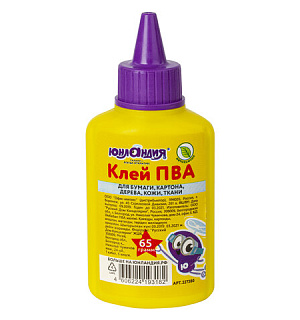 Клей ПВА ЮНЛАНДИЯ (бумага, картон, дерево), 65 г, 227380