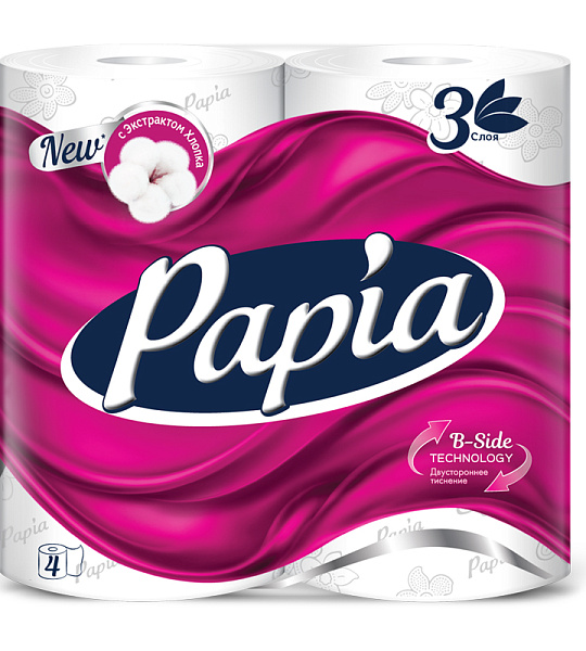 Бумага туалетная Papia, 3-слойная, 4шт., тиснение, белая