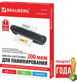 Пленки-заготовки для ламинирования А4, КОМПЛЕКТ 100 шт., 200 мкм, BRAUBERG, 531777