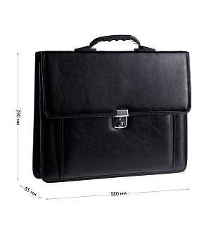 Портфель OfficeSpace "Rotterdam", люкс кожзам, черный, 3 отделения, метал. замок, с ремнем