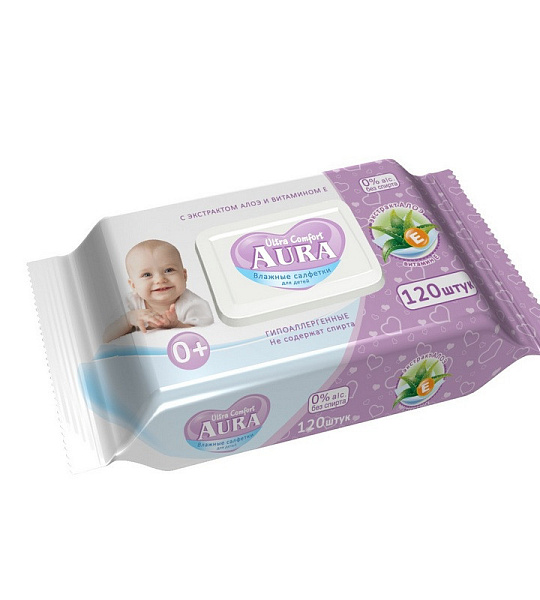 Салфетки влажные AURA для детей ULTRA COMFORT 120шт с крышкой 6474
