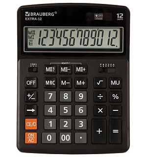 Калькулятор настольный BRAUBERG EXTRA-12-BK (206x155 мм), 12 разрядов, двойное питание, ЧЕРНЫЙ, 250481