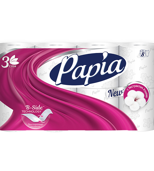 Бумага туалетная Papia, 3-слойная, 8шт., тиснение, белая