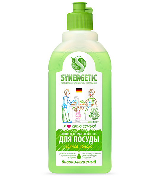 Средство для мытья посуды, фруктов, игрушек Synergetic "Яблоко", антибакт, концентр, без дозатора, 500мл