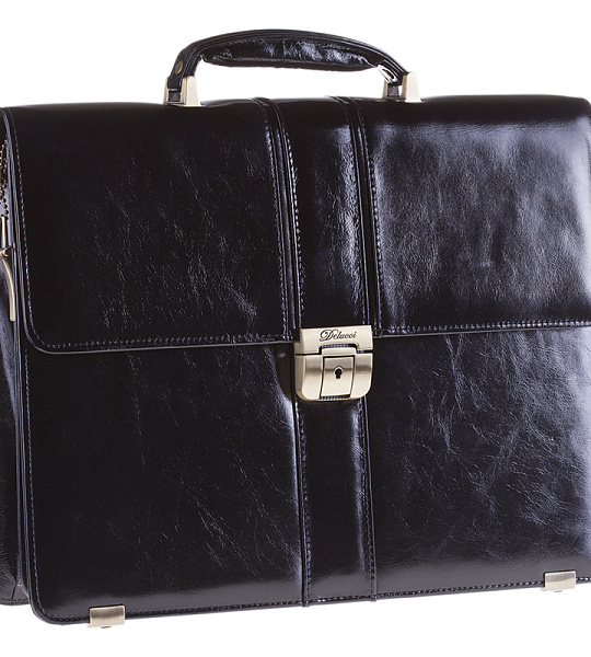 Портфель Delucci "Гиперион", кожа, черный, 2 отделения, метал. замок, с ремнем