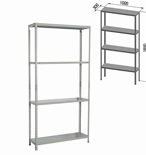 Стеллаж металлический BRABIX "MS Plus-185/30-4", 1850х1000х300 мм, 4 полки, регулируемые опоры, 291104, S241BR153402