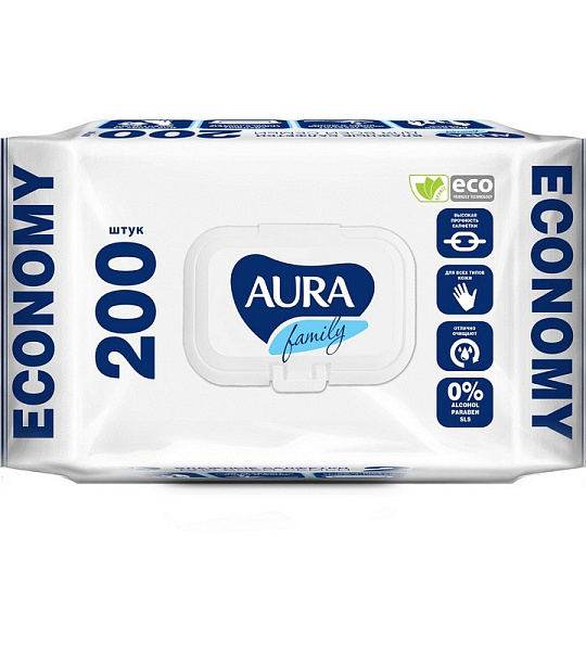 Салфетки влажные AURA для всей семьи 200 шт./уп.