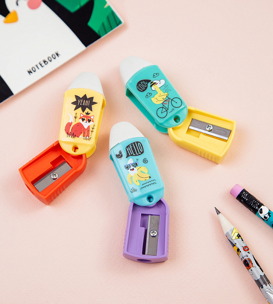Точилка пластиковая с ластиком MESHU "Summer party" 1 отверстие, ассорти