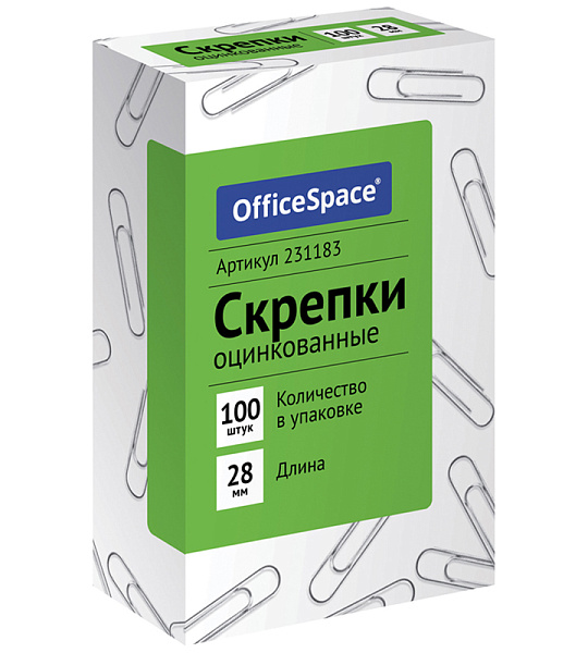 Скрепки 28мм, OfficeSpace, 100шт., оцинкованные, карт. упаковка