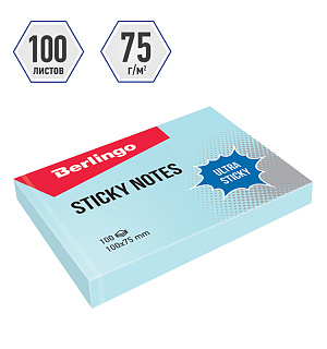 Самоклеящийся блок Berlingo "Ultra Sticky", 100*75мм, 100л, пастель, голубой