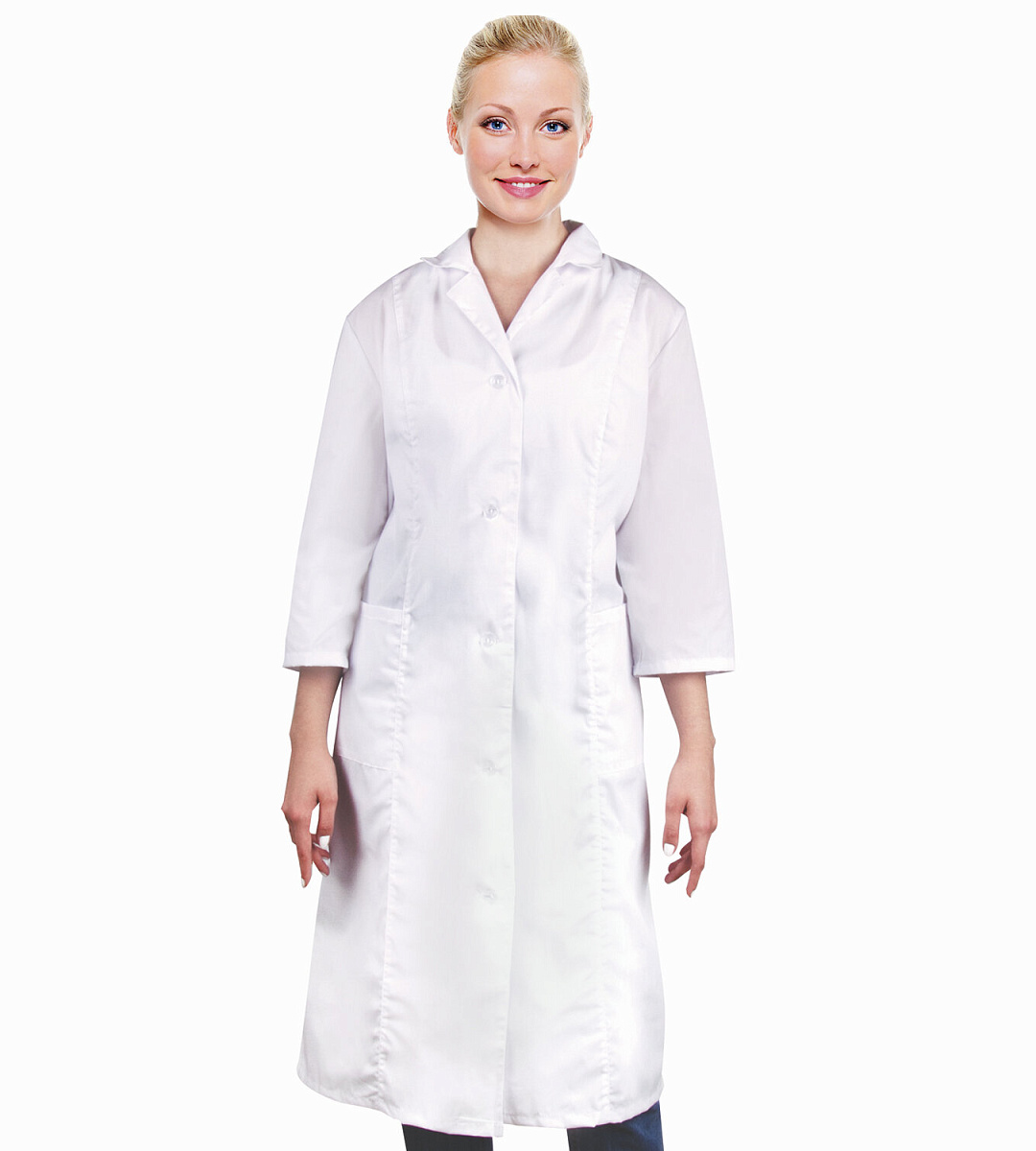Халат медицинский женский белый, рукав 3/4, тиси, размер 44-46, рост 170-176, плотность ткани 120 г/м2, 610753