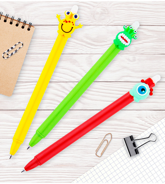 Ручка гелевая стираемая автоматическая MESHU "Monster Friends" синяя, 0,5мм, корпус ассорти