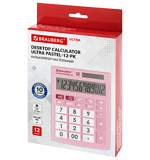 Калькулятор настольный BRAUBERG ULTRA PASTEL-12-PK (192x143 мм), 12 разрядов, двойное питание, РОЗОВЫЙ, 250503